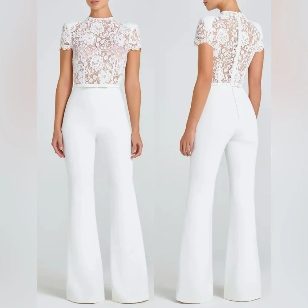 NWT NADINE MERABI Hattie White Lace Short Sleeves Belted Jumpsuit sz 14 XXL